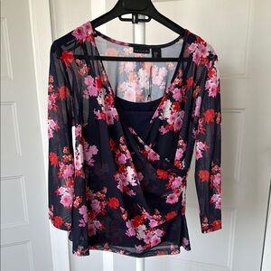 Floral Wrap Top by Tahari - Navy Blue, Red and Pink